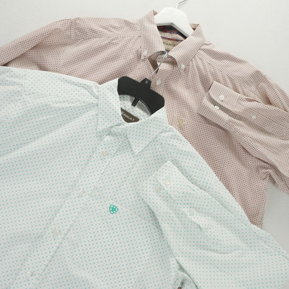 Lot of 2 Ariat Mens Wrinkle-Free Button Down Shirts Ike LS Geometric Red Teal M